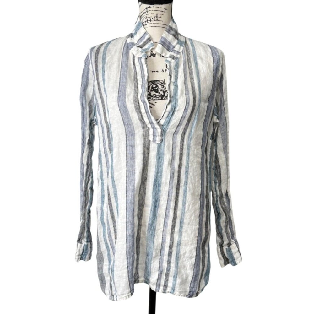 CP Shades Striped Linen Long Sleeve Tunic Top White Blue Womens Size XS
